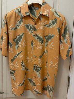 Foliage Mens M 55% Linen/45% Rayon S/S B/D Shirt. Orange/Green/White.